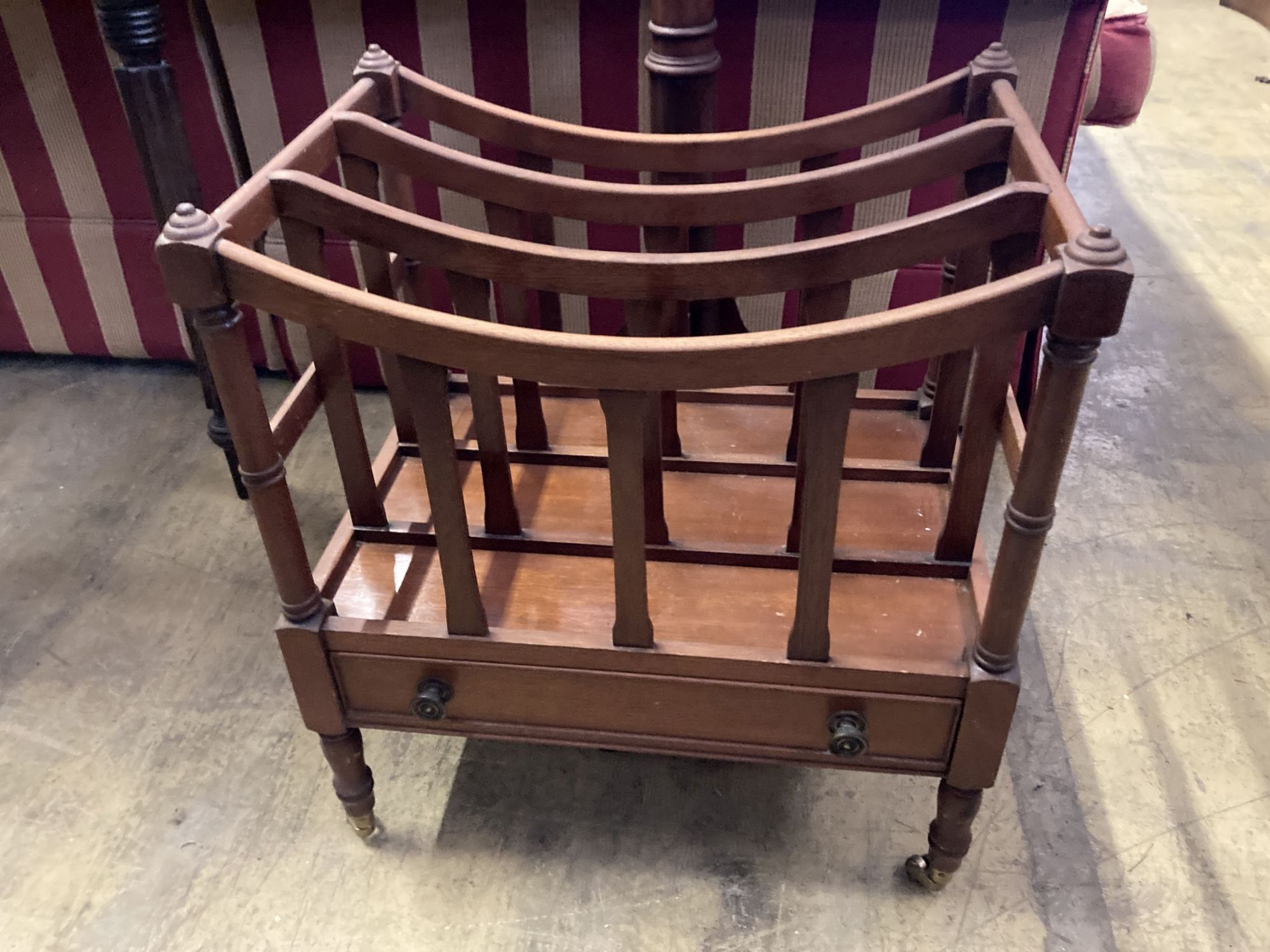 A reproduction Regency design mahogany duet music stand, width 52cm and music canterbury by Restall Brown and Clennell, Lewes